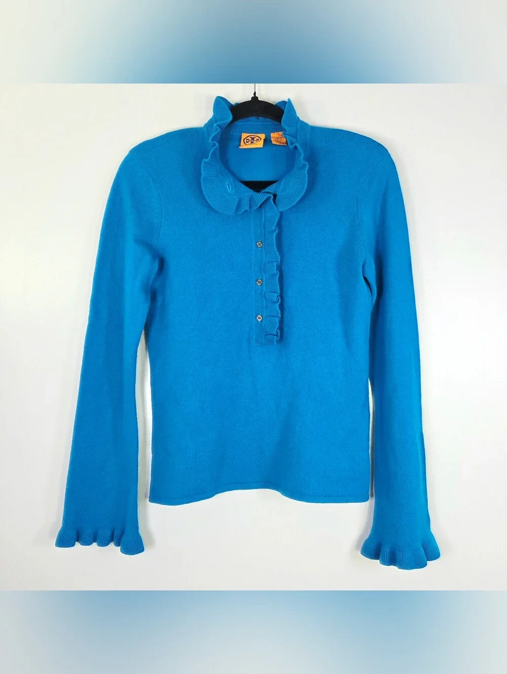 TORY BURCH 100% CASHMERE RUFFLE NECK BELL SLEEVE SWEATER.